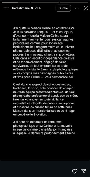 Post d'Hedi Slimane publié sur son compte Instagram